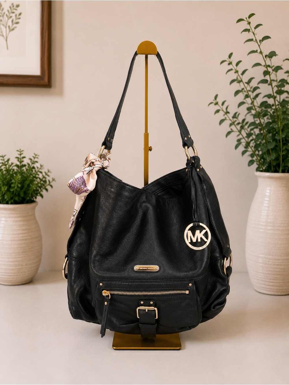 Michael Kors Austin Black Leather Hobo Bag with Gold Hardware